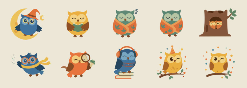 Cute owl bird character set, colorful forest animal mascot icons, wise owl character variety pack, playful owl with headphones art, minimalist forest bird mascot vectors, whimsical owl animal friend g