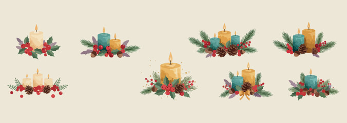 Christmas candle and holly border, festive holiday season winter art, warm winter celebration candle icons, traditional christmas berry greenery graphics, cozy holiday candle light vectors, elegant wi © Geetaroy