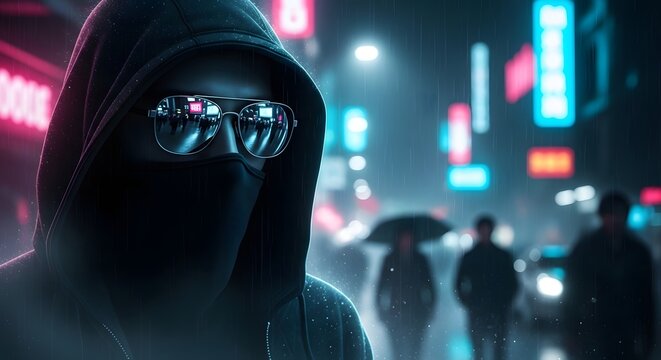 Cyberpunk hacker and anonymous digital security. Mysterious urban character in rainy city. Man wearing hoodie and reflective sunglasses standing on neon street at night