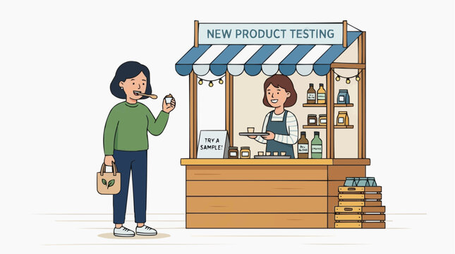 Woman Tries New Product Sample at a Testing Booth with Vendor Offering Samples vector style