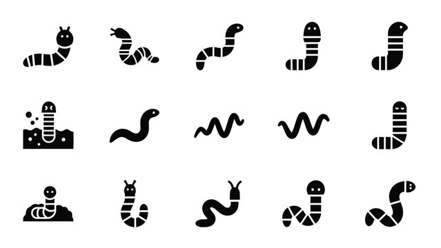 Simple vector icons depicting earthworms in soil and in various poses.