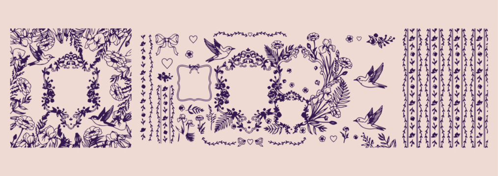 Ornate purple floral frames set, elegant decorative border graphics, vintage baroque scrollwork frames, classic wedding invitation border art, luxury filigree floral ornaments, detailed purple frame c