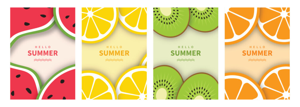 summer fruit background watermelon lemon kiwi orange fresh tropical banner poster vector set