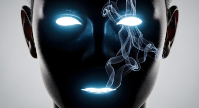 Supernatural entity and demonic possession concept. Artificial intelligence awakening and dark soul. Close up of a dark face with glowing blue eyes and smoke coming from mouth