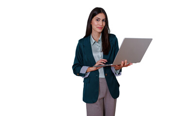 Fototapeta premium Professional woman standing, smiling and using laptop computer for business communication, with transparent background