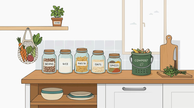 Kitchen counter with organized pantry jars, fresh produce, and compost bin vector style