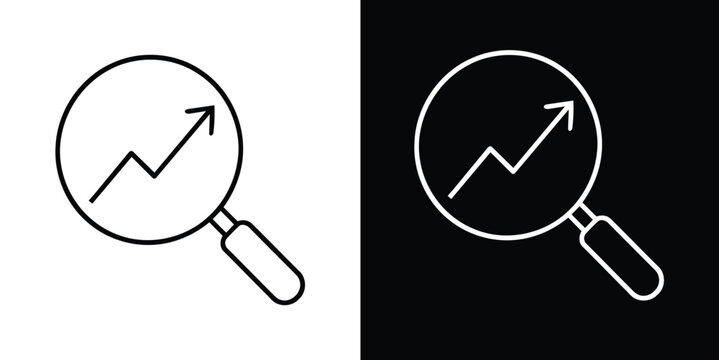 Data analysis icon set with magnifying glass and growth arrow. Business research and SEO optimization vector in outline and reverse styles.