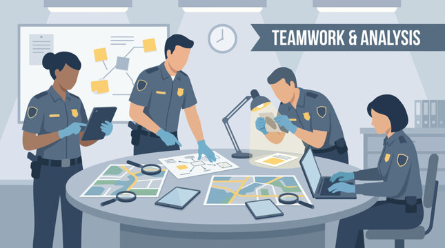 Police officers collaborating on crime scene analysis.