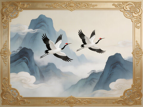 Two cranes flying over mountains emphasizing environmental sustainability and eco-tourism