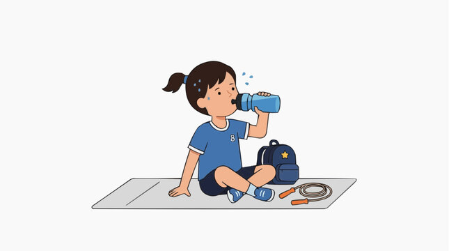 Child athlete drinking water after exercise with backpack and jump rope on mat vector style