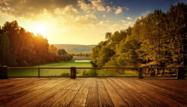 Scenic Wooden Deck Overlooking Autumn Forest and Lake at Sunset.