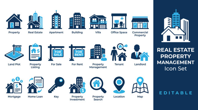 Real estate icon set featuring property management, residential and commercial building, house for sale, mortgage, apartment, realtor, villa, and home investment symbols.
