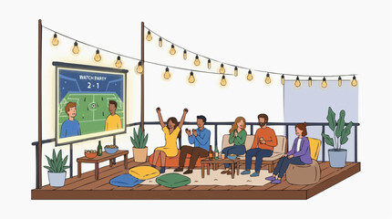 Obraz premium Friends watching soccer game on big screen at outdoor watch party celebration vector style