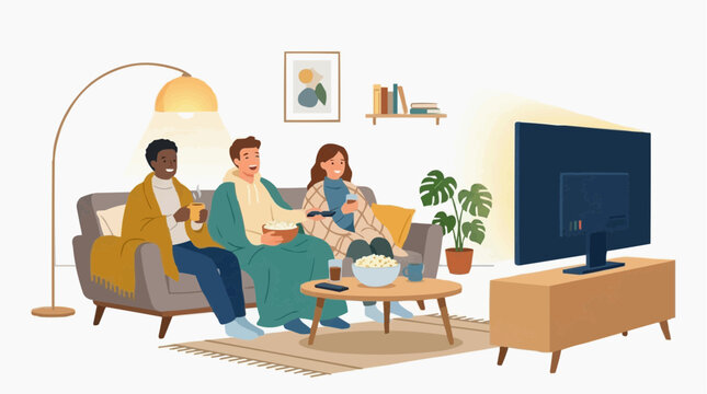 Friends relaxing on sofa watching TV with popcorn and drinks vector style