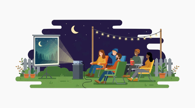 People enjoying outdoor movie night with projector and string lights vector style