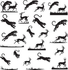 Fototapeta premium Panther hunting antelope in silhouette set repeated pattern.