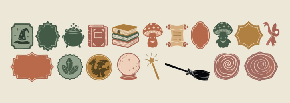 Magic and wizardry equipment, mysterious spell book and wand, crystal ball alchemy icons, sorcerer fantasy item vectors, mystical potion and scroll art, occult and magic theme graphics, RPG wizard inv