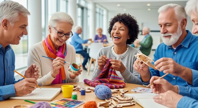 Happy group of senior people sitting at table doing arts and craft in community center. Elderly man and woman enjoying hobby, drawing, knitting and woodwork. Active aging lifestyle.
