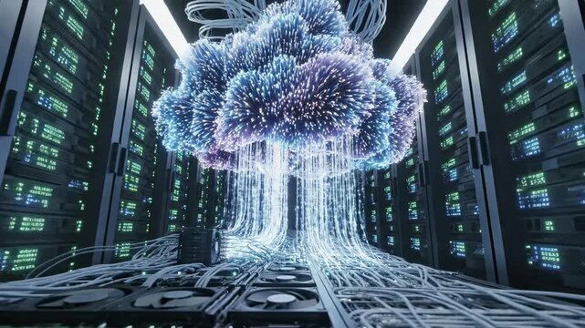 An abstract, luminous cloud formation, rendered with sparkling textures and infused with vibrant blues and purples, is suspended dramatically within a futuristic server room, its radiant
