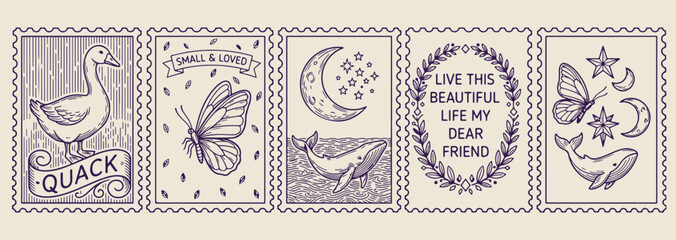 Nautical and sea life stamps, whale and ocean wave icons, marine animal postal designs, maritime exploration graphics, underwater world stamp set, purple monochrome ocean stickers, coastal theme stamp © Geetaroy