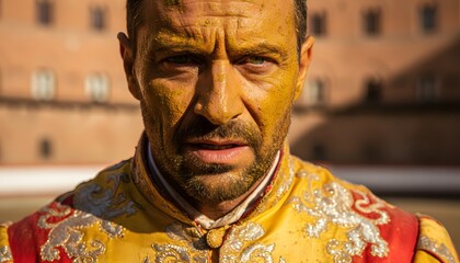 Fototapeta premium Close-up of a Palio rider with face covered in dirt during the historic Il Palio horse race in Siena for tradition and competition concept with an intense expression
