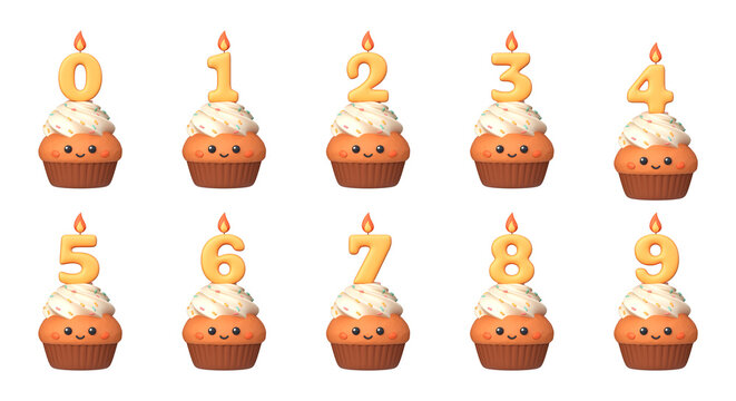 3D Cute Birthday Cupcakes with Numbers 0 to 9. Set of cartoon cupcake icons for birthday celebrations, greeting cards and party design.