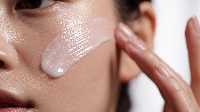 Close-up of a freckled woman applying white cream for a healthy glowing skin look in a studio.