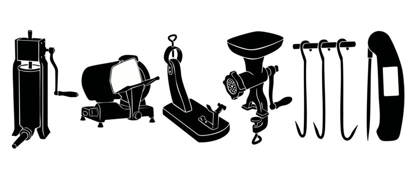 Butcher Equipment Silhouettes Set: Meat Grinder, Slicer, Stuffer, Hooks and Thermometer Tools for Professional Kitchen or Food Processing Industry Flat Vector Icons Isolated on White Background Graphi