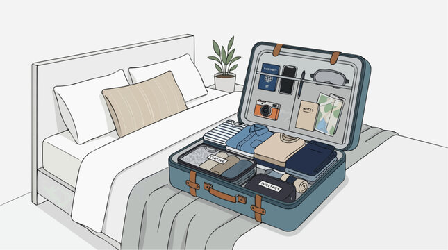 Packing a suitcase for travel with clothes and essentials on a bed vector style