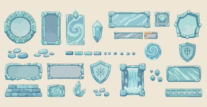 Fantasy game ui gems and frames, crystal mineral resource icons, magical stone border elements, RPG inventory design assets, blue crystal game items, glowing mineral ui components, mystical stone orna