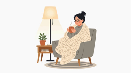 Fototapeta premium Woman wrapped in blanket holding mug of hot drink sitting in armchair by lamp vector style