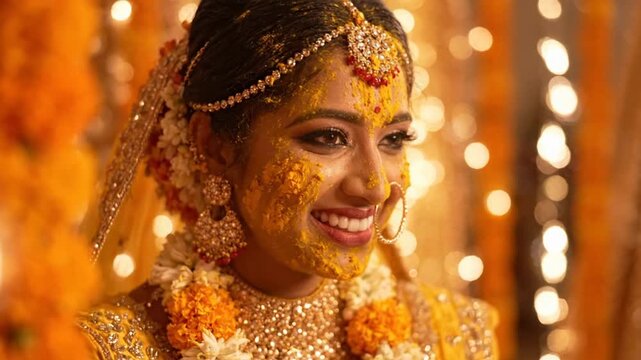 Joyful indian bride with turmeric paste on face during haldi ceremony, warm golden bokeh, close-up shot.
