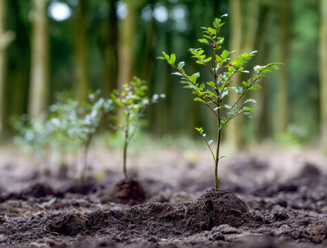 New plant growth. Seedlings emerging amidst mossy forest under morning light. Emerging young plants from fertile soil as part of conservation and rewilding efforts