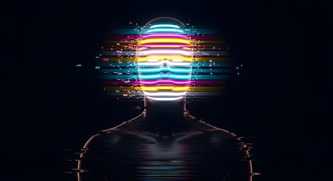 Artificial intelligence and digital glitch consciousness. Virtual reality and data corruption concept. Glowing human silhouette with colorful horizontal light stripes and pixels.