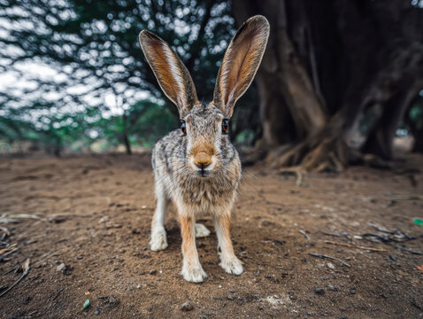 Closeup of attentive hare. Wildlife scene portraying watchful hare looking directly. Close examination of sharpeyed hare fixated on camera lens with intensity