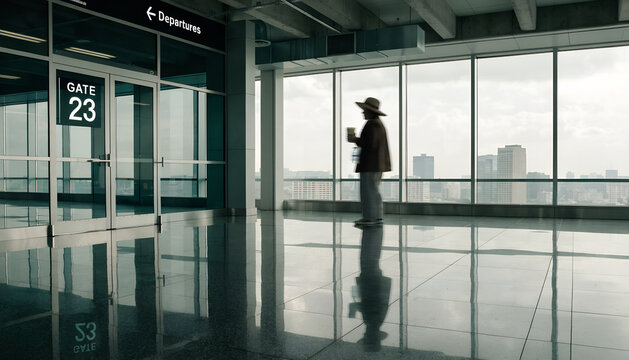 A person waits at an airport gate with large windows overlooking a city