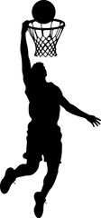 Obraz premium Basketball player dunking ball in hoop black silhouette vector illustration isolated on white