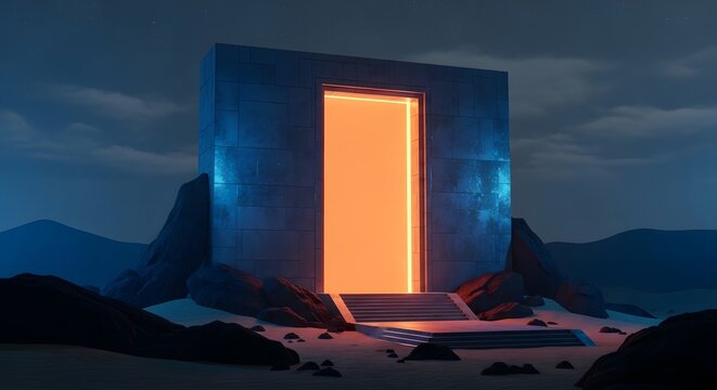 Futuristic portal in a desert landscape at night. Science fiction and interdimensional travel. Glowing orange doorway standing between rocks under a starry sky