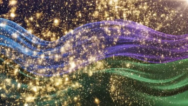 Abstract shimmering wave patterns imbued with luminous city lights evoke a sense of expansive global connection and digital connectivity spanning across continents under a celestial sky