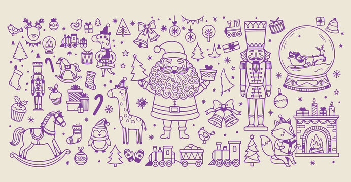 Christmas doodle pattern elements, hand drawn holiday season icons, santa claus nutcracker line art, festive winter celebration sketches, cute xmas character illustrations, merry christmas decorative 