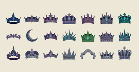 Royal crown and tiara silhouettes, king and queen headwear icons, majestic jewelry accessory vectors, princess crown symbol set, elegant royal ornament graphics, luxury headpiece design elements, clas © Geetaroy