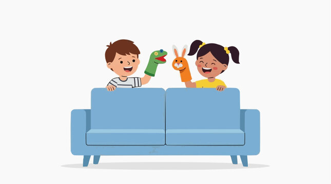 Children playing with hand puppets on a couch having fun vector style
