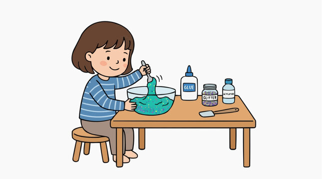 Child making slime with glue glitter and activator at a table vector style
