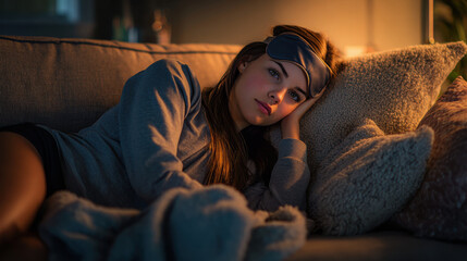 Fototapeta premium Woman resting on a couch, wearing a sleep mask, possibly experiencing pain. A young woman is seen relaxing on a couch, wearing a sleep mask, and seemingly in a state of rest or discomfort.