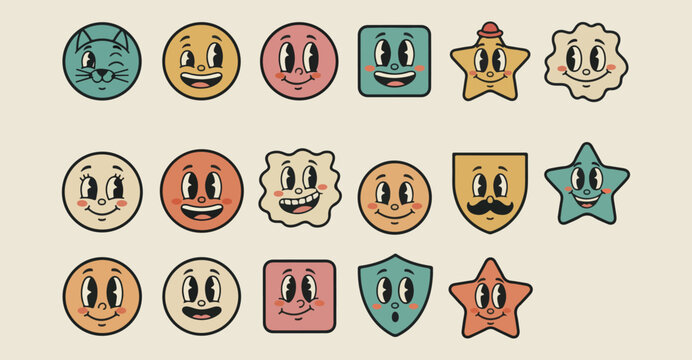 Retro smiley face icons set, vintage cartoon character emojis, nostalgic 90s aesthetic badges, funky face sticker collection, classic rubber hose style icons, colorful emotional face vectors, playful 