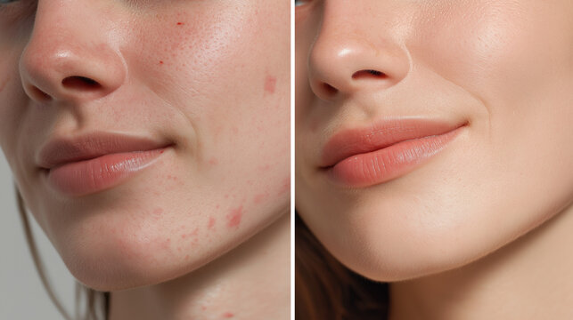 A close-up split-screen comparison shows a woman's face before and after skincare treatment, highlighting the dramatic improvement in skin clarity and texture.