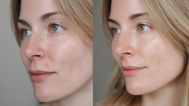 A split-screen portrait compares a woman's skin before and after a cosmetic treatment, revealing a noticeable reduction in imperfections and an enhanced glow.