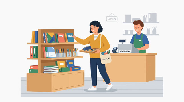 Customer shops for school supplies at a stationery store with a cashier at the counter vector style