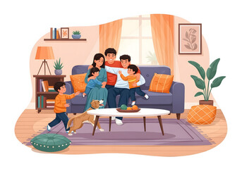 Fototapeta premium Family gathers in cozy living room with dog and plants