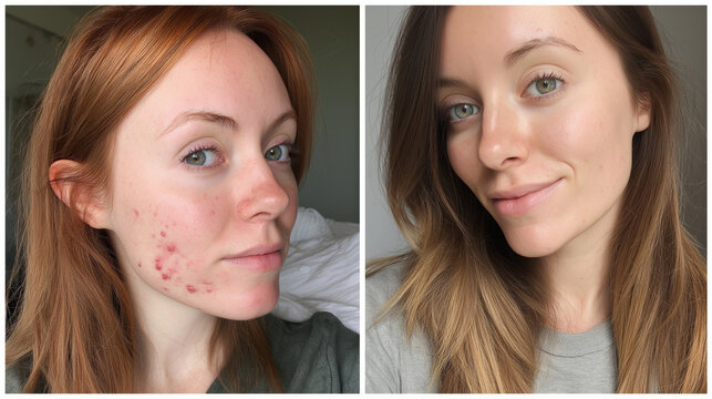 A compelling before-and-after collage showcases a woman's significant skin improvement, transforming from acne-prone to a clear, glowing, and healthy complexion.